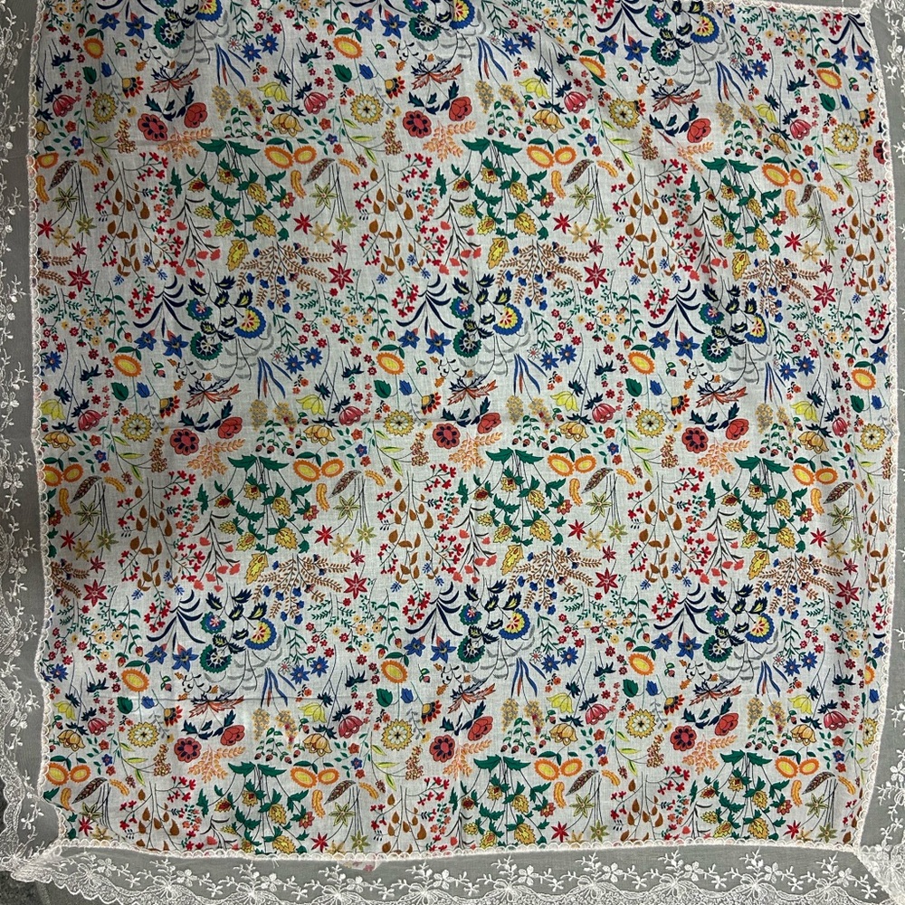 Floral Patterned Scarf with Lace Trim